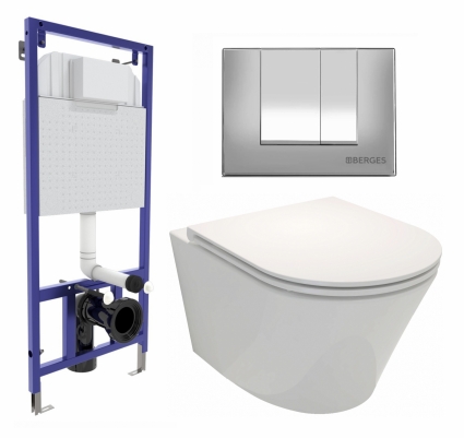 Комплект 3 в 1 инсталляция Berges Wasserhaus Novum 040242 + Унитаз подвесной Jacob Delafon Rodin+ EDY102-00 + кнопка хром матовая