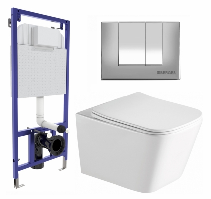 Комплект 3 в 1 инсталляция Berges Wasserhaus Novum 040242 + Унитаз подвесной SantiLine SL-5007 + кнопка хром матовая