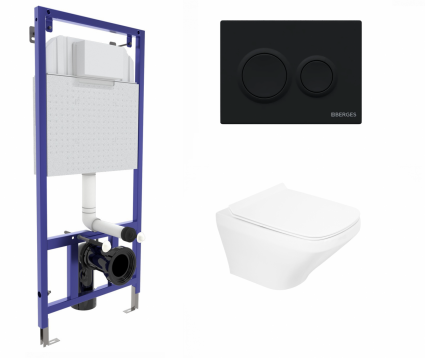 Комплект 3 в 1 инсталляция Berges Novum O5 + Унитаз подвесной BelBagno Sela BB3201CHR с кнопкой черной