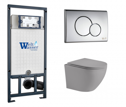 Комплект 3 в 1 инсталляция WeltWasser WW Marberg 507 + Унитаз подвесной Weltwasser WW Merzbach 043 MT-GR серый с кнопкой хром RD