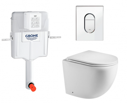 Комплект 3 в 1 смывной бачок скрытого монтажа Grohe GD2 + Унитаз приставной WeltWasser Merzbach 002 GL-WT + Кнопка Arena Cosmopolitan хром