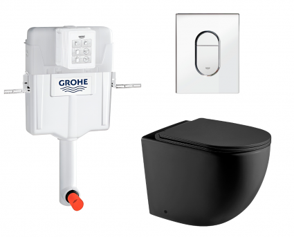 Комплект 3 в 1 смывной бачок скрытого монтажа Grohe GD2 + Унитаз приставной WeltWasser Merzbach 002 MT-BL + Кнопка Arena Cosmopolitan хром