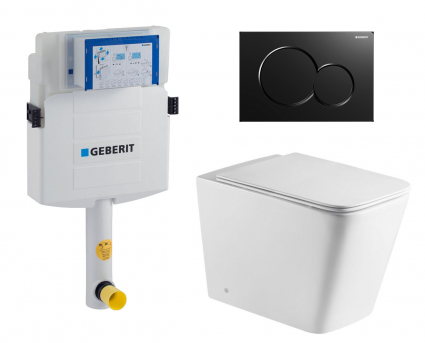 Комплект 3 в 1 смывной бачок скрытого монтажа Geberit Duofix UP320 + Унитаз приставной WeltWasser Gelbach 002 GL-WT + Кнопка Geberit Sigma 01 черная