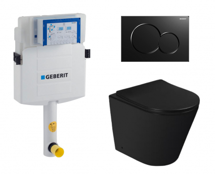 Комплект 3 в 1 смывной бачок скрытого монтажа Geberit Duofix UP320 + Унитаз приставной SantiLine SL-5020MB + Кнопка Geberit Sigma 01 черная