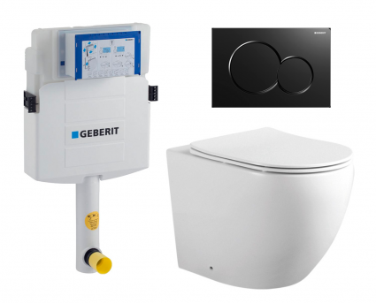Комплект 3 в 1 смывной бачок скрытого монтажа Geberit Duofix UP320 + Унитаз приставной Акватек Европа AQ1902-00 + Кнопка Geberit Sigma 01 черная