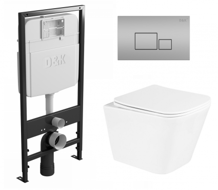 Комплект 3 в 1 инсталляция D&K DI8055119 + Унитаз подвесной BelBagno Due BB3103CHR/SC + Кнопка прямоугольная матовый хром