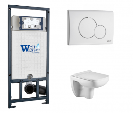 Комплект 3 в 1 инсталляция WeltWasser WW Marberg 507 + Подвесной унитаз WeltWasser Kehlbach 004 GL-WT с кнопкой белой RD