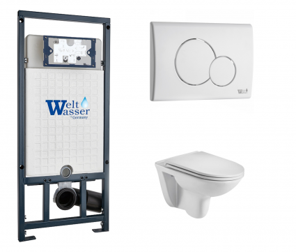 Комплект 3 в 1 инсталляция WeltWasser WW Marberg 507 + Подвесной унитаз WeltWasser Baarbach 004 GL-WT с кнопкой белой RD
