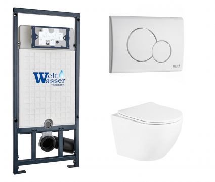 Комплект 3 в 1 инсталляция WeltWasser WW Marberg 507 + Унитаз подвесной BelBagno Uno BB3105CHR/SC с кнопкой белой RD