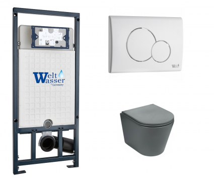 Комплект 3 в 1 инсталляция WeltWasser WW Marberg 507 + Подвесной унитаз WeltWasser Salzbach 043 MT-GR серый с кнопкой белой RD