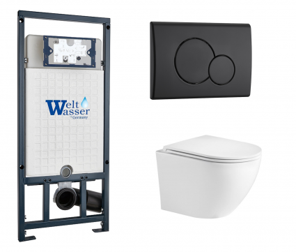 Комплект 3 в 1 инсталляция WeltWasser WW Marberg 507 + Подвесной унитаз WeltWasser Merzbach 043 GL-WT с кнопкой черной RD