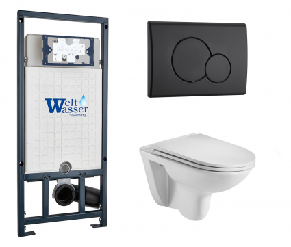 Комплект 3 в 1 инсталляция WeltWasser WW Marberg 507 + Подвесной унитаз WeltWasser Baarbach 004 GL-WT с кнопкой черной RD