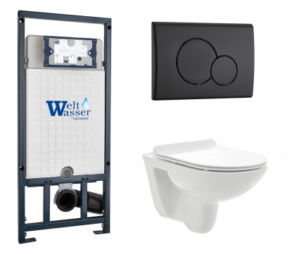 Комплект 3 в 1 инсталляция WeltWasser WW Marberg 507 + Унитаз подвесной AQUAme AQM2008 с кнопкой черной RD