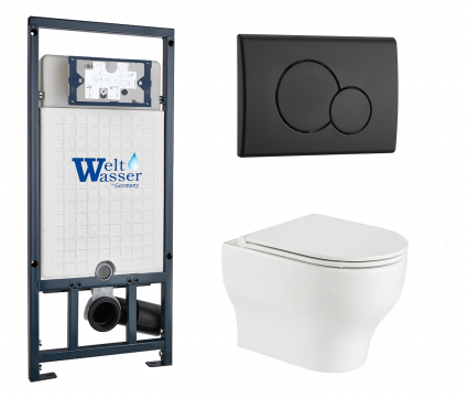 Комплект 3 в 1 инсталляция WeltWasser WW Marberg 507 + Подвесной унитаз WeltWasser Erlenbach 004 GL-WT с кнопкой черной RD