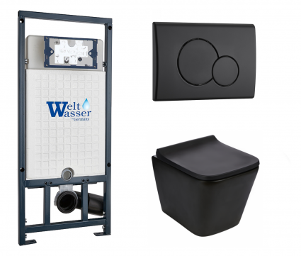 Комплект 3 в 1 инсталляция WeltWasser WW Marberg 507 + Подвесной унитаз WeltWasser Gelbach 043 MT-BL черный с кнопкой черной RD