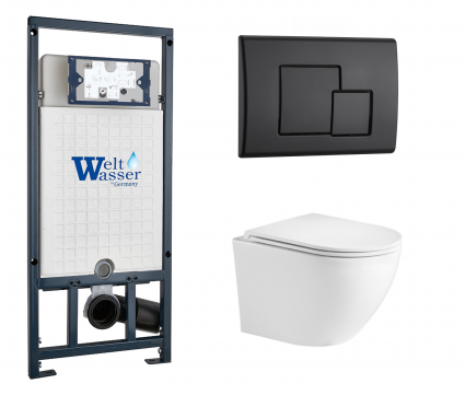 Комплект 3 в 1 инсталляция WeltWasser WW Marberg 507 + Подвесной унитаз WeltWasser Merzbach 043 GL-WT с кнопкой черной SE
