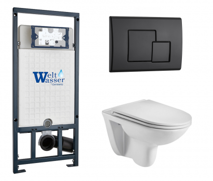 Комплект 3 в 1 инсталляция WeltWasser WW Marberg 507 + Подвесной унитаз WeltWasser Baarbach 004 GL-WT с кнопкой черной SE
