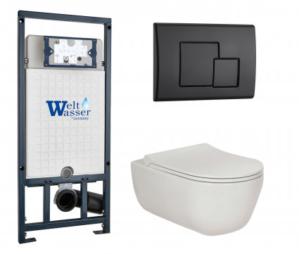 Комплект 3 в 1 инсталляция WeltWasser WW Marberg 507 + Подвесной унитаз Berges Wasserhaus Ego XL 082118 с кнопкой черной SE