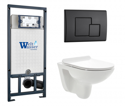 Комплект 3 в 1 инсталляция WeltWasser WW Marberg 507 + Унитаз подвесной AQUAme AQM2008 с кнопкой черной SE