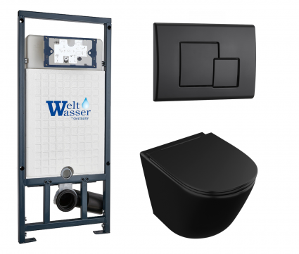 Комплект 3 в 1 инсталляция WeltWasser WW Marberg 507 + Унитаз подвесной Owl 1975 Vind Cirkel-H Matt Black OWLT190305 черный с кнопкой черной SE