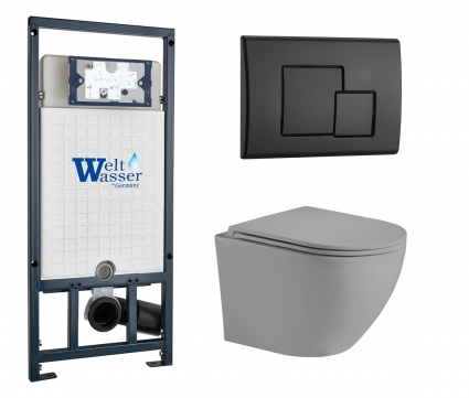 Комплект 3 в 1 инсталляция WeltWasser WW Marberg 507 + Унитаз подвесной Weltwasser WW Merzbach 043 MT-GR серый с кнопкой черной SE
