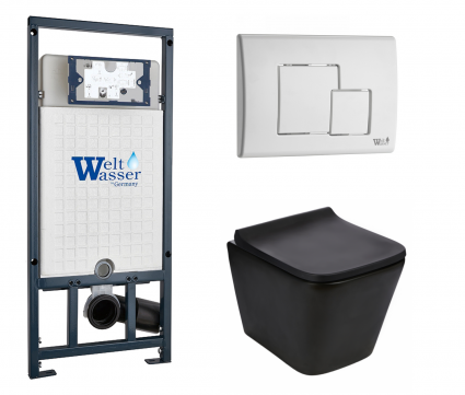Комплект 3 в 1 инсталляция WeltWasser WW Marberg 507 + Подвесной унитаз WeltWasser Gelbach 043 MT-BL черный с кнопкой белой SE