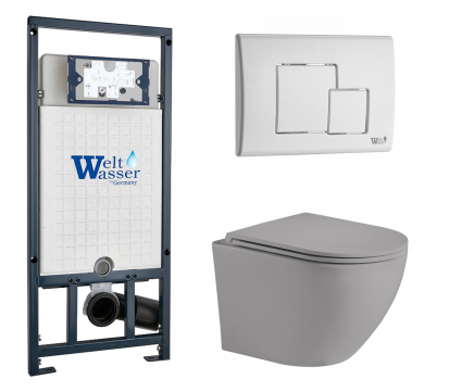 Комплект 3 в 1 инсталляция WeltWasser WW Marberg 507 + Унитаз подвесной Weltwasser WW Merzbach 043 MT-GR серый с кнопкой белой SE