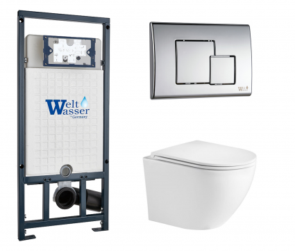Комплект 3 в 1 инсталляция WeltWasser WW Marberg 507 + Подвесной унитаз Weltwasser WW Merzbach 043GL-WT с кнопкой хром SE