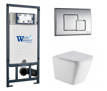 Комплект 3 в 1 инсталляция WeltWasser WW Marberg 507 + Подвесной унитаз WeltWasser Gelbach 043 GL-WT с кнопкой хром SE