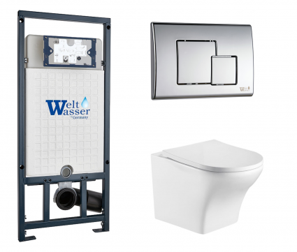 Комплект 3 в 1 инсталляция WeltWasser WW Marberg 507 + Подвесной унитаз WeltWasser Odenbach 004 GL-WT с кнопкой хром SE