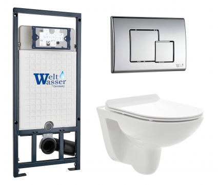 Комплект 3 в 1 инсталляция WeltWasser WW Marberg 507 + Унитаз подвесной AQUAme AQM2008 с кнопкой хром SE