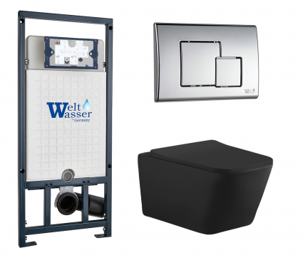 Комплект 3 в 1 инсталляция WeltWasser WW Marberg 507 + Унитаз подвесной Aquanet Tavr-W BW 287011 черный с кнопкой хром SE