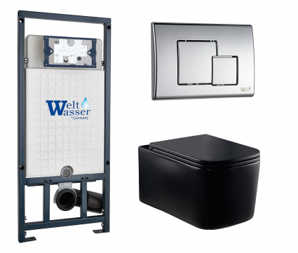 Комплект 3 в 1 инсталляция WeltWasser WW Marberg 507 + Унитаз подвесной Vincea Ultra Rimless VT1-32MB черный с кнопкой хром SE