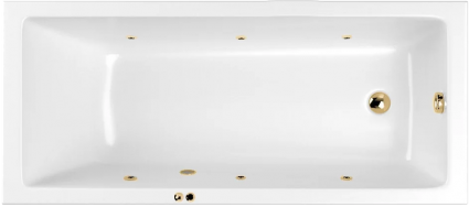 Акриловая ванна WHITECROSS Wave Slim SOFT 170x70 см, с гидромассажем, с каркасом, со сливом-переливом, фурнитура золото