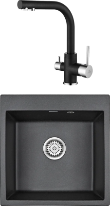 Комплект Мойка кухонная Paulmark Praktisch PM105152-BL черный + Смеситель Essen Es213011-418 черный металлик