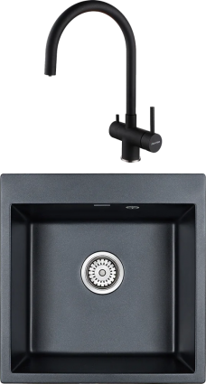 Комплект Мойка кухонная Paulmark Praktisch PM105152-BLM черный металлик + Смеситель Heller He213218-418 черный металлик