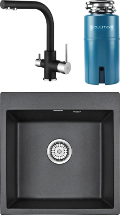 Комплект Мойка кухонная Paulmark Praktisch PM105152-BL черный + Смеситель Essen Es213011-418 черный металлик + Измельчитель Intenso I-500