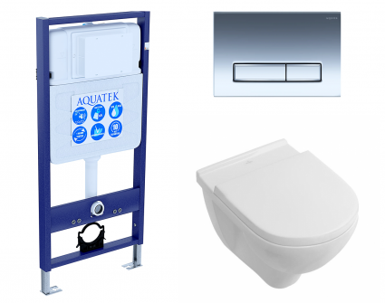 Комплект 3 в 1 инсталляция Акватек Standart 50 + Унитаз подвесной Villeroy & Boch O Novo Directflush с кнопкой хром