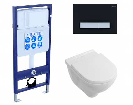 Комплект 3 в 1 инсталляция Акватек Standart 50 + Унитаз подвесной Villeroy & Boch O Novo Directflush с кнопкой черной хром