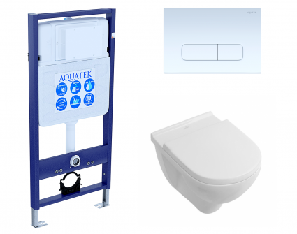 Комплект 3 в 1 инсталляция Акватек Standart 50 + Унитаз подвесной Villeroy & Boch O Novo Directflush с кнопкой белой