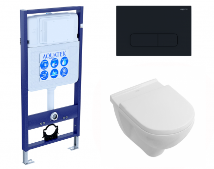 Комплект 3 в 1 инсталляция Акватек Standart 50 + Унитаз подвесной Villeroy & Boch O Novo Directflush с кнопкой черной