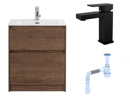 Комплект: Тумба с раковиной BelBagno Kraft 39 60 напольная, rovere tabacco + Смеситель Haiba HB10803-7 черный + Сифон АниПласт