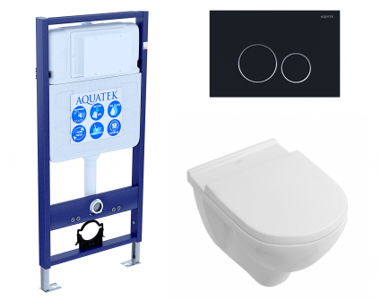 Комплект 3 в 1 инсталляция Акватек Standart 50 + Унитаз подвесной Villeroy & Boch O Novo Directflush с кнопкой черной