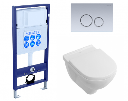 Комплект 3 в 1 инсталляция Акватек Standart 50 + Унитаз подвесной Villeroy & Boch O Novo Directflush с кнопкой хром матовой