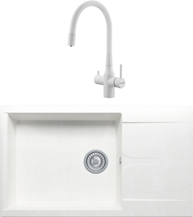 Комплект Мойка кухонная Polygran Gals 862 белый хлопок + Смеситель Paulmark Salix 213419-431 белый матовый, белый, с гибким изливом