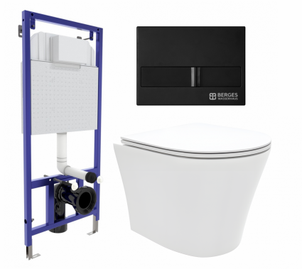Комплект 3 в 1 инсталляция Berges Wasserhaus Novum L5 + Унитаз подвесной Enio Neo EN5370588 + кнопка черная