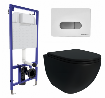 Комплект 3 в 1 инсталляция Berges Wasserhaus Novum D7 + Унитаз подвесной Enio Unico BL черный EN4105055 + кнопка хром