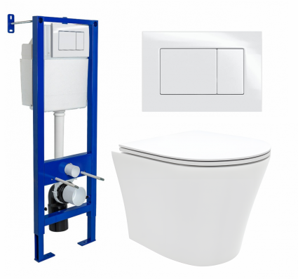 Комплект 3 в 1 инсталляция Berges Wasserhaus Atom 410 + Унитаз подвесной Enio Neo EN5370588 + кнопка белая