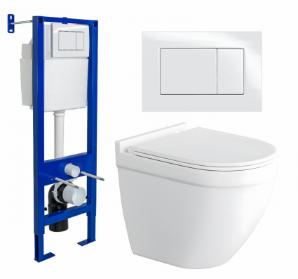 Комплект 3 в 1 инсталляция Berges Wasserhaus Atom 410 + Унитаз подвесной Enio Pulito EN1170052 + кнопка белая