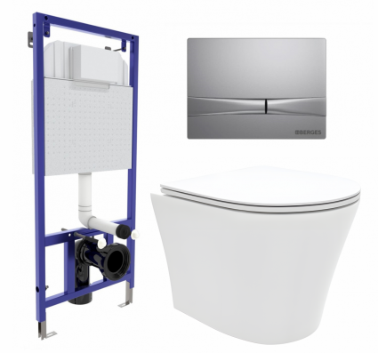 Комплект 3 в 1 инсталляция Berges Wasserhaus Novum 040252 + Унитаз подвесной Enio Neo EN5370588 + кнопка хром матовая